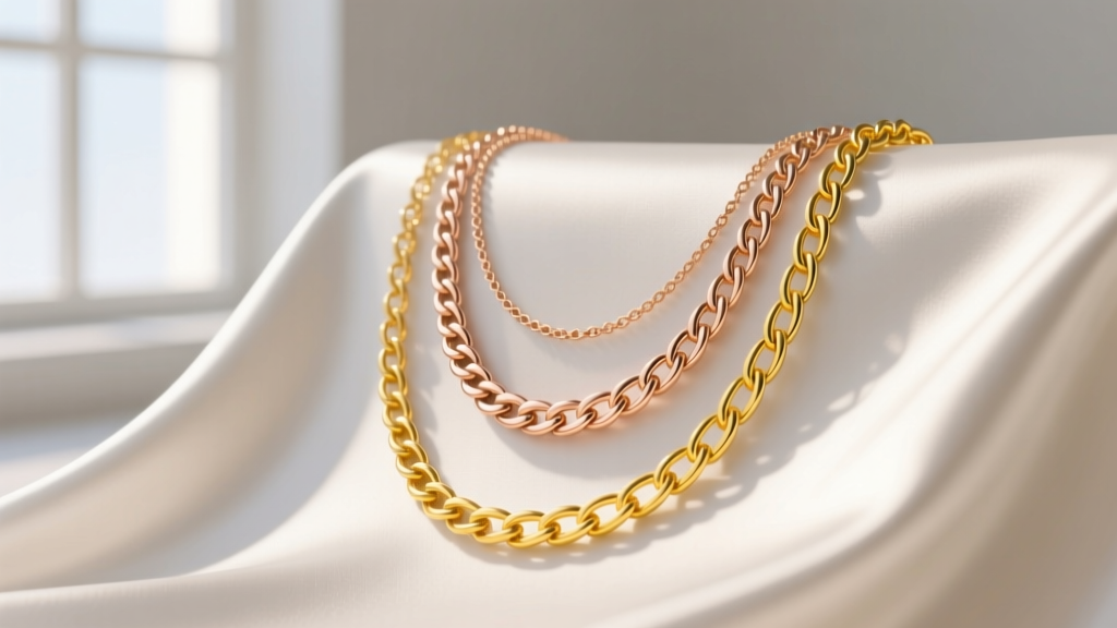 Studio shot of layered necklaces pairing a 14k rose gold herringbone chain with an 18k yellow gold hammered paperclip link chain.