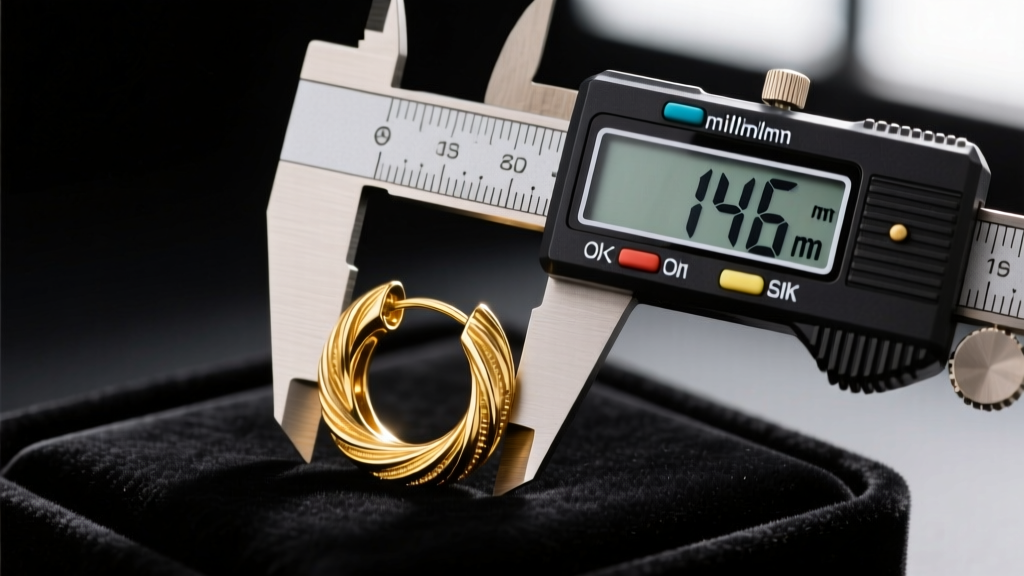 Close-up of a digital caliper measuring the exact wire thickness of a solid 14k gold seamless hoop earring on a dark velvet mat.