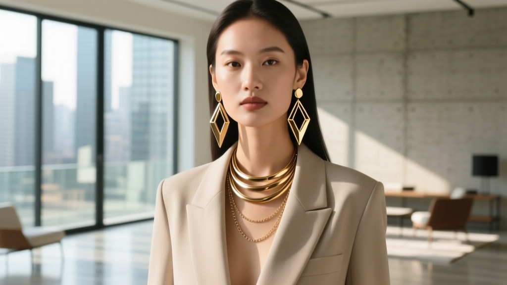 Woman wearing long geometric raw brass drop earrings and a layered necklace in a sunlit urban space with a soft bokeh background