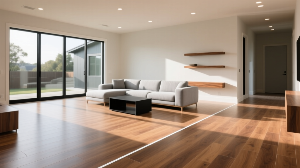 Interior of a modern manufactured home featuring upgraded wide-plank luxury vinyl flooring in the living room with a visible marriage line transition.
