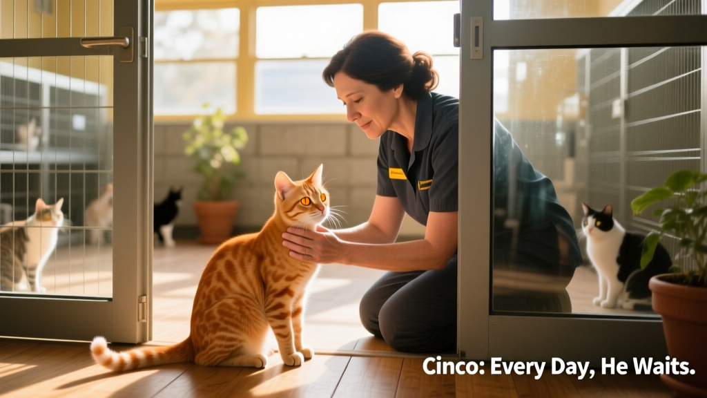 A shelter worker gently petting Cinco through the open door of his enclosure, both making soft eye contact