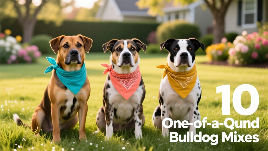 Three diverse Bulldog mixes sitting side-by-side on a grassy lawn, each wearing a colorful bandana