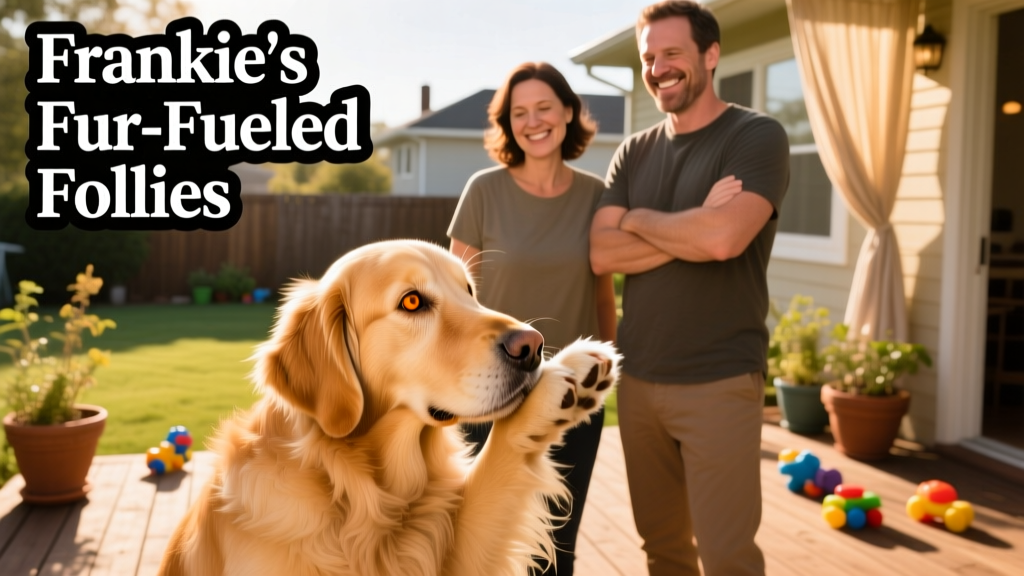 Golden Retriever Frankie nuzzling into mom’s hand while dad watches with an amused, slightly defeated smile