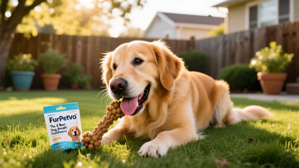 Happy dog playing outdoors with a FurPetVo chew toy nearby, tongue out and breath fresh