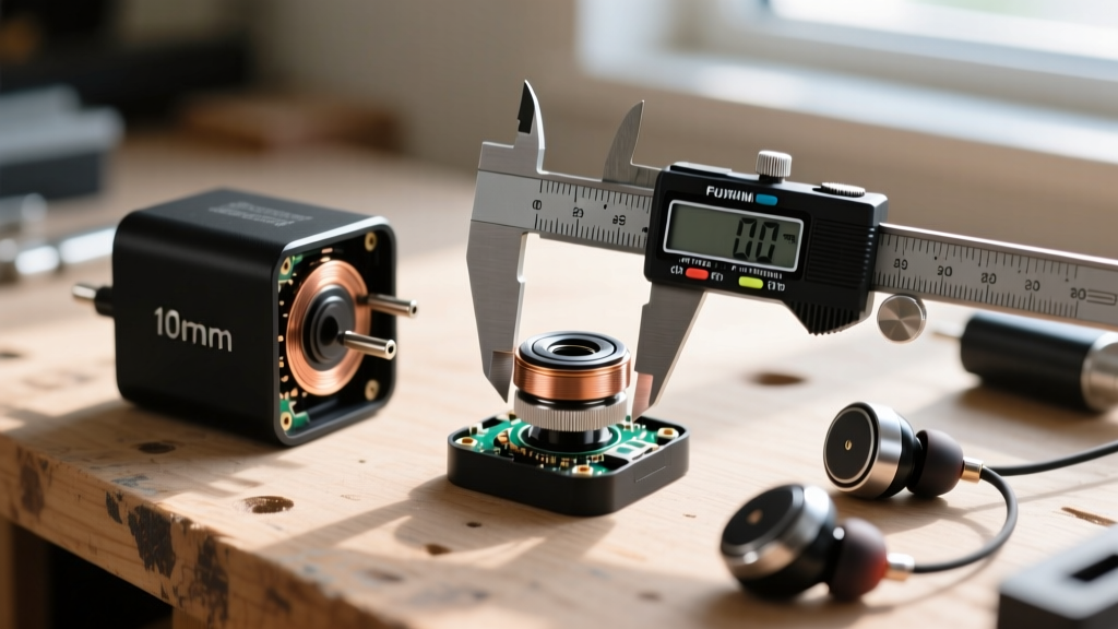 Close-up of disassembled GaN charger and IEM earbuds on wooden workbench with digital calipers measuring the 10mm driver