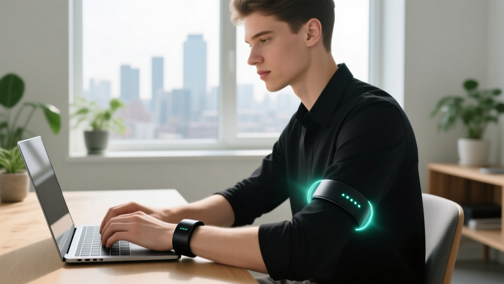 Close-up of a person wearing a haptic feedback wristband while working on a laptop, demonstrating sensory regulation
