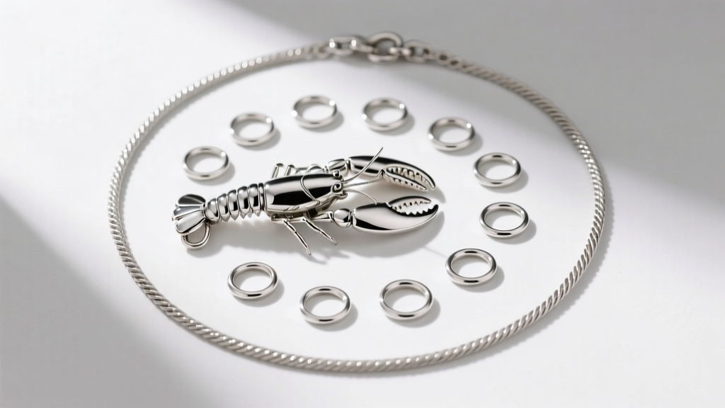 Overhead flat-lay of disassembled necklace parts including a sterling silver lobster clasp, jump rings, and cable chain