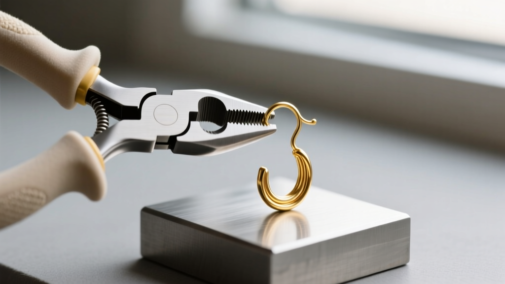 Nylon-jaw jewelry pliers carefully adjusting the tension curve of a bent 22-gauge gold-filled shepherd hook earring on a steel bench block.