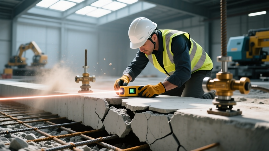 Structural engineer measuring differential settlement on a cracked concrete slab foundation using a digital laser level and hydraulic jacks