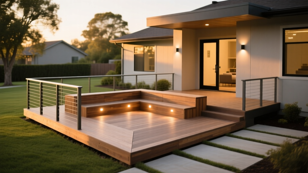 Completed 12x12 composite deck with aluminum railings on a suburban house, showing built-in seating and warm evening lighting.