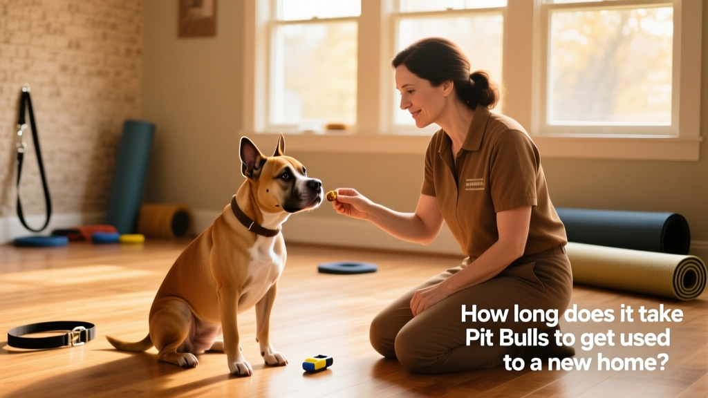 A person gently offering a treat to a seated Pit Bull during a quiet training session in a sunlit room