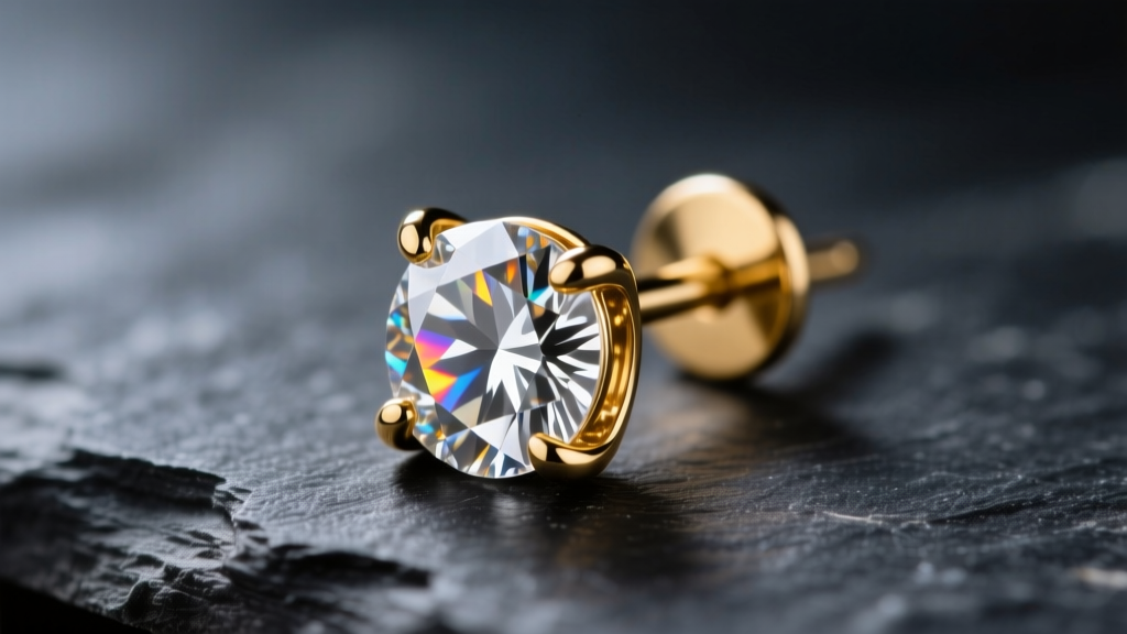 Macro shot of a 14k gold diamond stud earring on dark slate, highlighting the four-prong setting and brilliant cut facets.