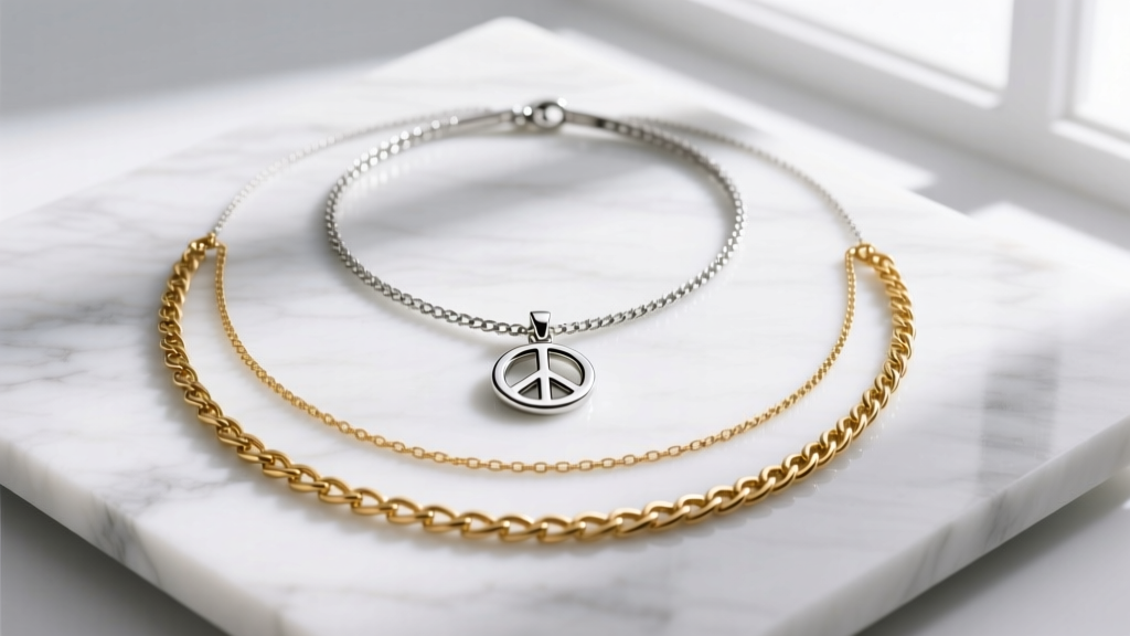 Flat lay of layered necklaces with a 16-inch choker, an 18-inch silver peace sign pendant, and a 20-inch gold lariat on marble.
