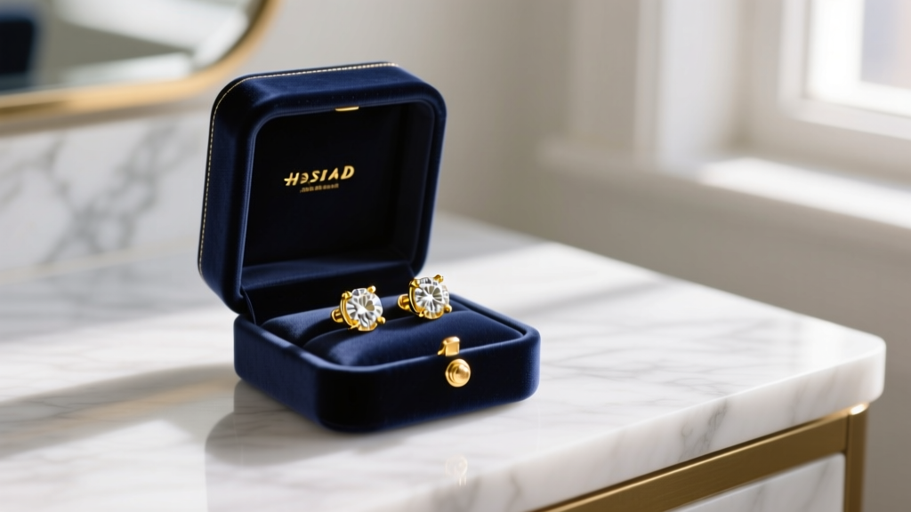 Open navy velvet box on marble vanity revealing 18k yellow gold diamond stud earrings, illuminated by soft morning window light.