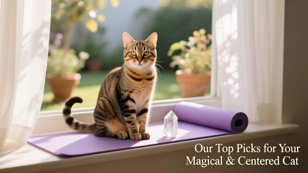 A serene tabby cat sitting peacefully on a windowsill bathed in soft morning light, with a small crystal and folded yoga mat nearby