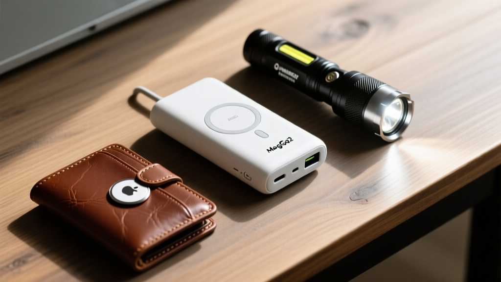 Wooden desk flat lay featuring an Anker MagGo Qi2 power bank, an Olight Warrior Mini 3 flashlight, and a leather wallet with an AirTag