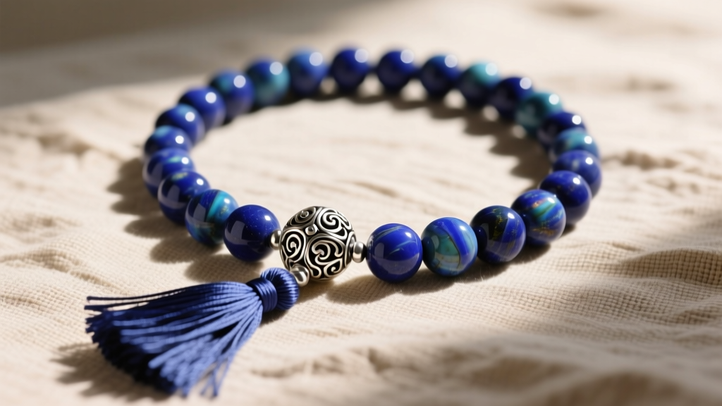 Flat lay of a lapis lazuli necklace prayer beads set with a sterling silver guru bead and silk tassel on textured linen