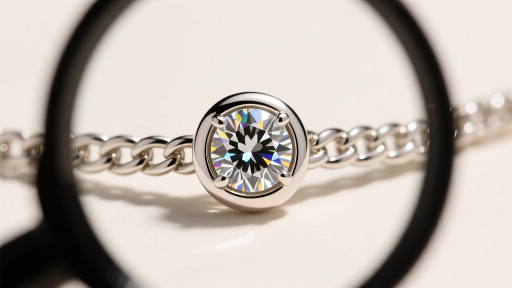Loupe view of a bezel-set diamond accent on a white gold herringbone chain, highlighting the smooth metal rim that prevents snags.