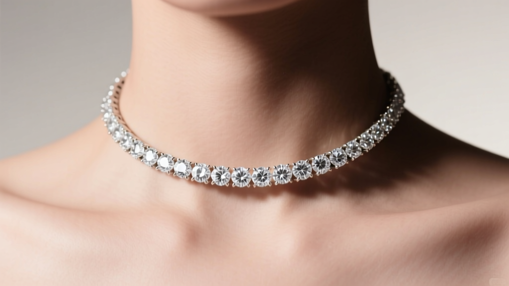 Close-up of a diamond tennis choker necklace on a collarbone, soft studio light highlighting brilliant prong-set white diamonds.