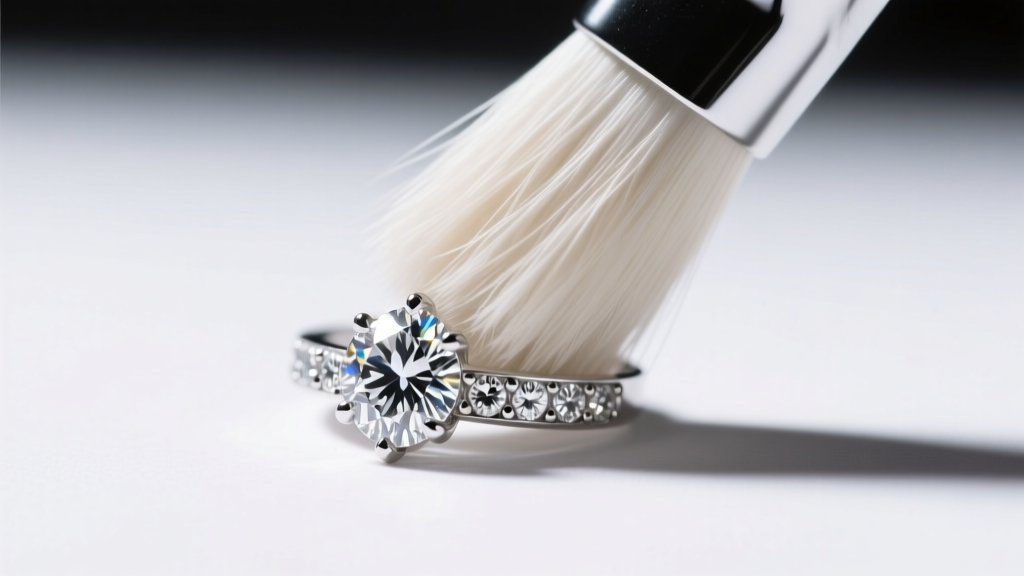 Close-up of a soft bristle brush gently scrubbing the underside of a platinum pave diamond setting under bright LED lighting