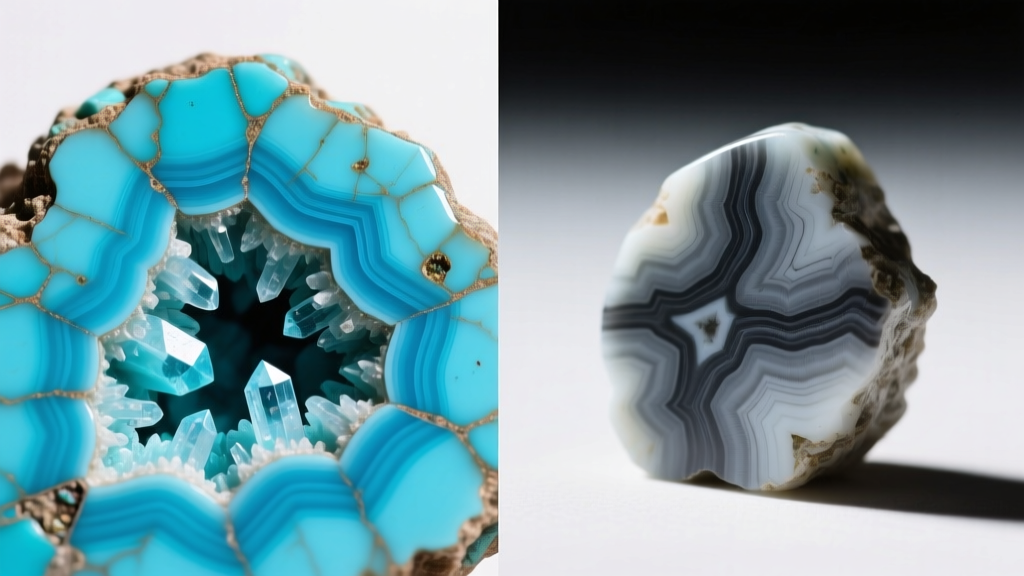 Split-screen macro shot showing natural Kingman turquoise matrix beside dyed howlite with artificially darkened grey veining