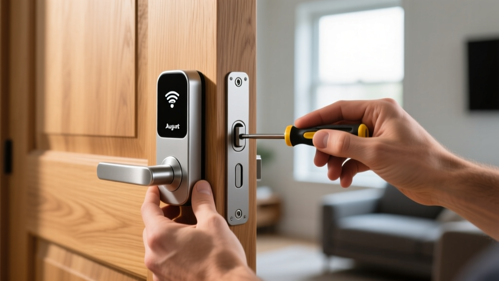 Close-up of hands installing an August Wi-Fi Smart Lock on the interior side of a wooden apartment door, showing the mounting plate alignment.