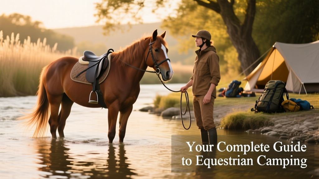 A calm, shallow riverbank where a horse stands partially submerged, with rider nearby holding the lead rope