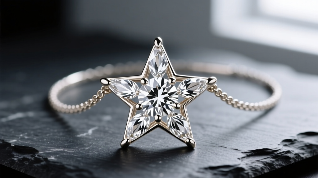 Macro shot of a 14k white gold diamond star necklace on dark slate, highlighting intricate V-prongs holding marquise stones.