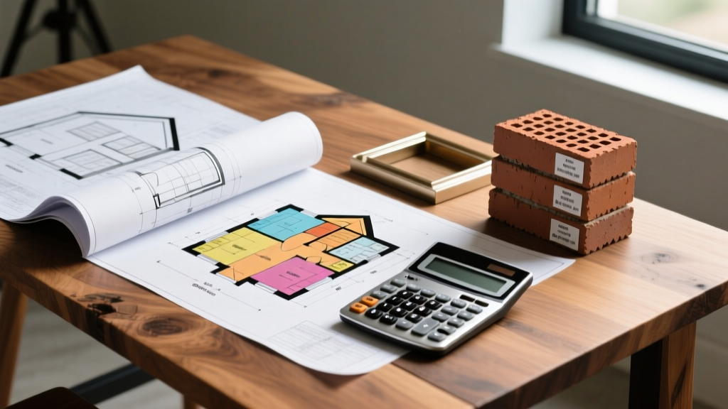 Architectural blueprints and a financial calculator resting on a wooden table next to stacked brick samples and modern house framing plans