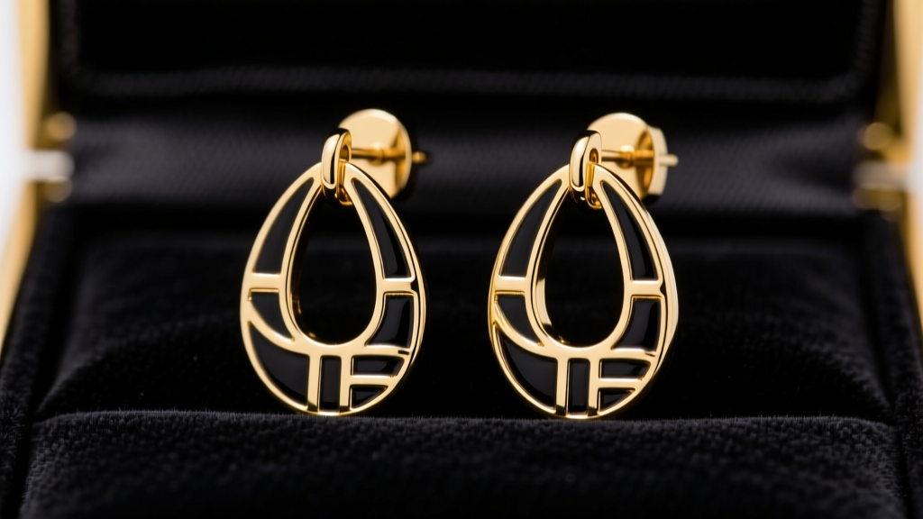 Macro shot of gold-plated brass Tom Ford drop earrings with black enamel inlay on dark velvet under dramatic studio lighting