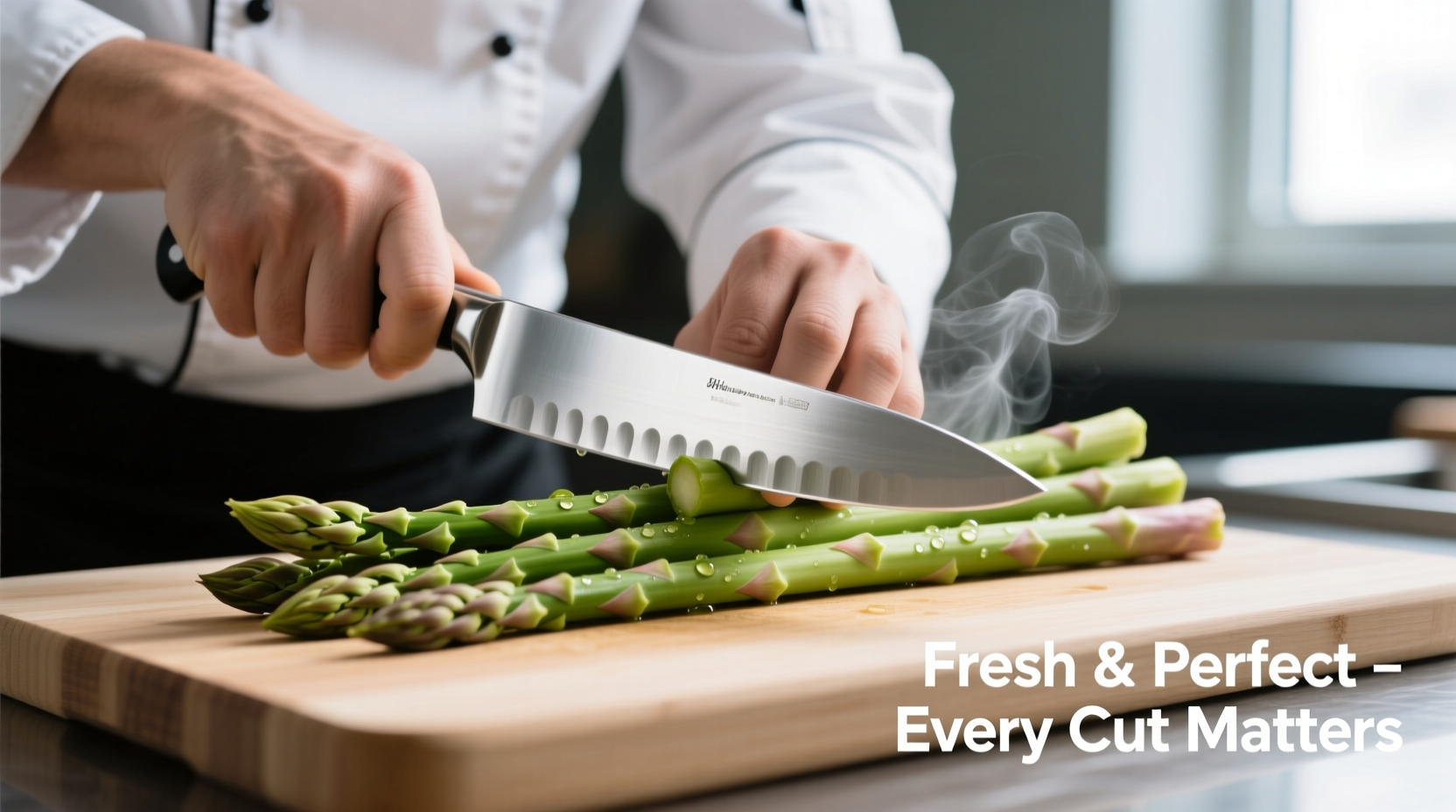 Chef trimming asparagus ends with sharp knife