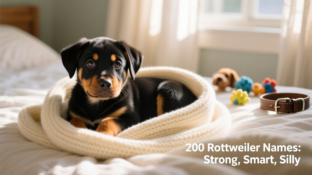 A young Rottweiler puppy curled up on a cozy bed, eyes bright and ears perked, radiating warmth and charm