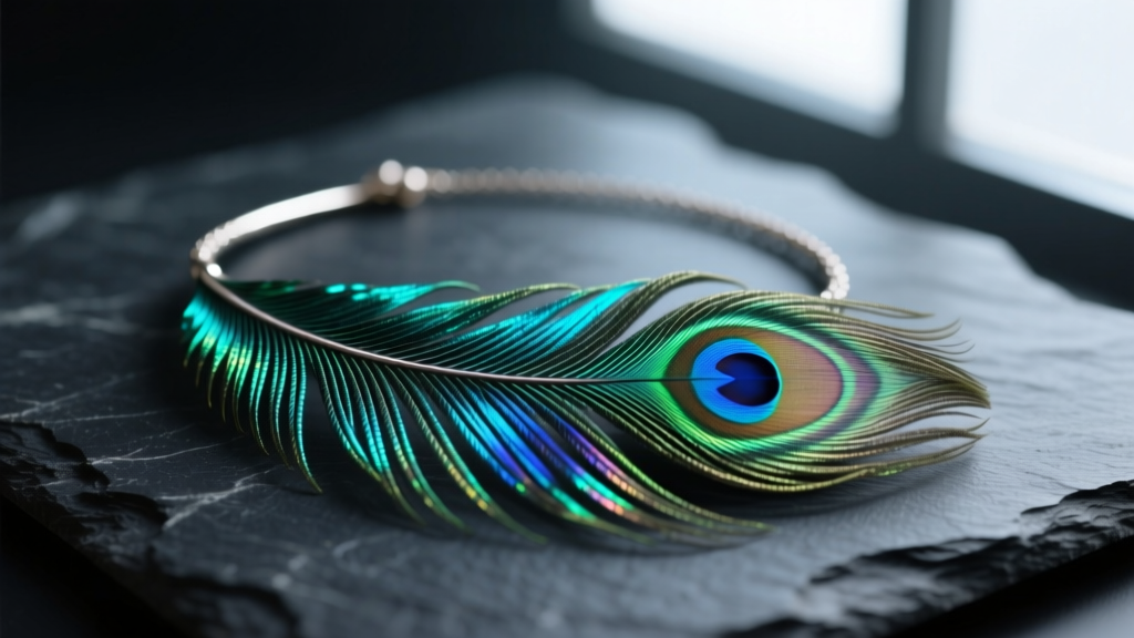 Macro shot of iridescent peacock feather necklace on dark slate, highlighting the intricate blue and green barb structure.