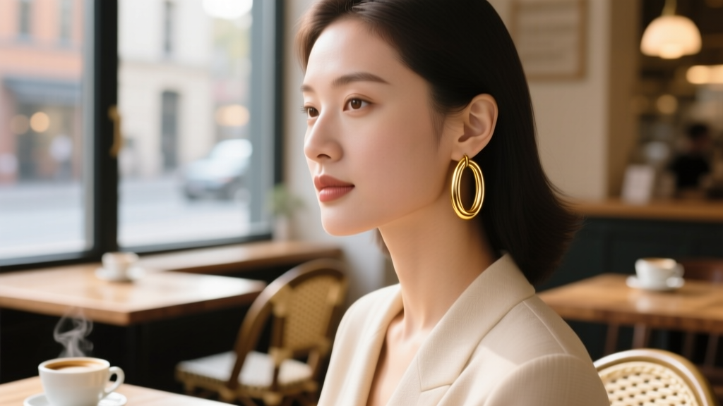 Woman wearing 30mm gold tube hoops, showcasing the sleek minimalist metal silhouette against a softly blurred cafe background