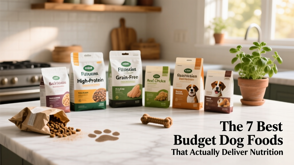 A selection of top-rated budget dog foods arranged on a clean, well-lit surface