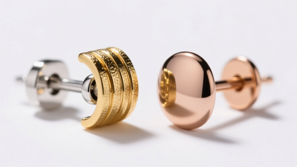 Macro view comparing thick gold vermeil plating over sterling silver next to a solid 14k rose gold earring post on a clean white surface