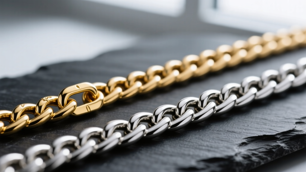Macro shot comparing a slightly kinked 18k gold herringbone chain beside a pristine platinum herringbone chain on dark slate.