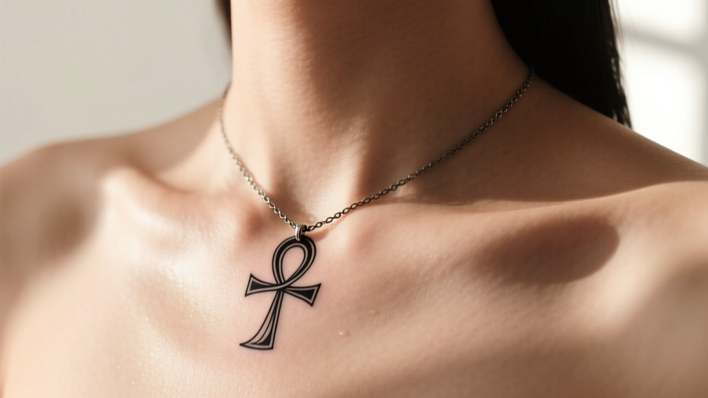 Close-up of a delicate fine-line black ink ankh necklace tattoo resting perfectly on a woman's collarbone and upper sternum