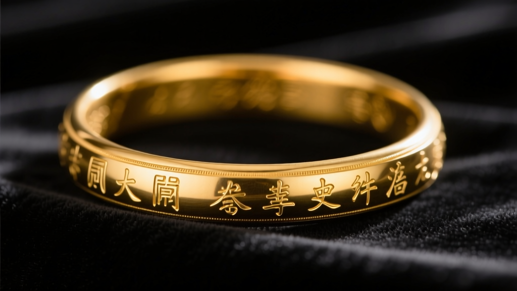 Macro photograph of a vintage Chinese gold bangle showing stamped hallmarks, resting on dark velvet with soft directional lighting.