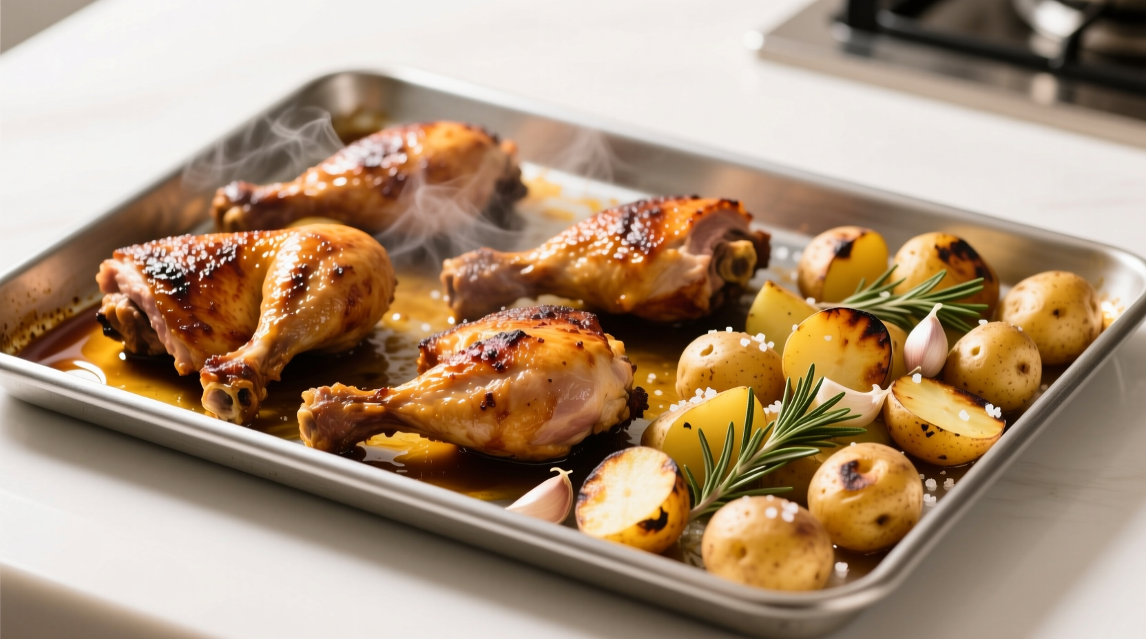 Roasted chicken thighs with golden potatoes on sheet pan