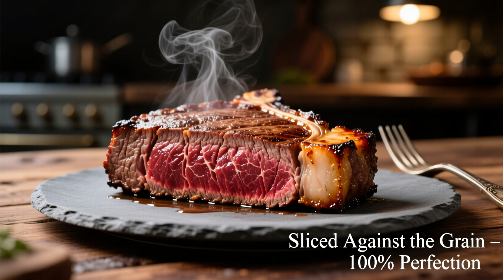 Perfectly cooked eye of round steak sliced against the grain