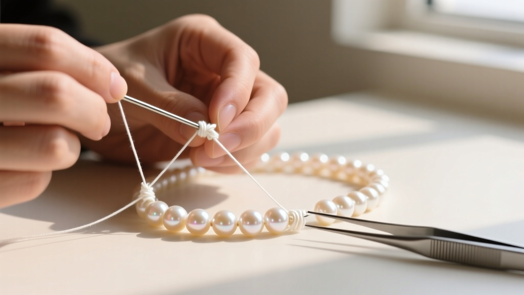 Hands re-stringing a broken pearl necklace using knotted white silk thread, alongside a steel beading needle and tweezers.