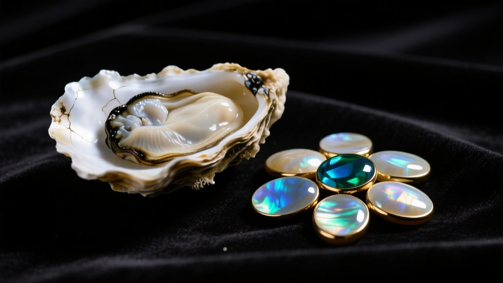 Raw Pacific oyster shell beside polished iridescent Mother of Pearl cabochons on dark velvet under bright studio lighting.