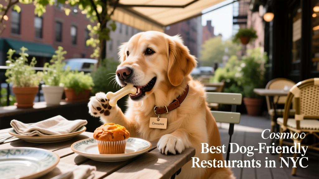 Cosmo enjoying bone-shaped bone broth cubes and a sweet potato muffin on a patio table at Cookshop in Chelsea