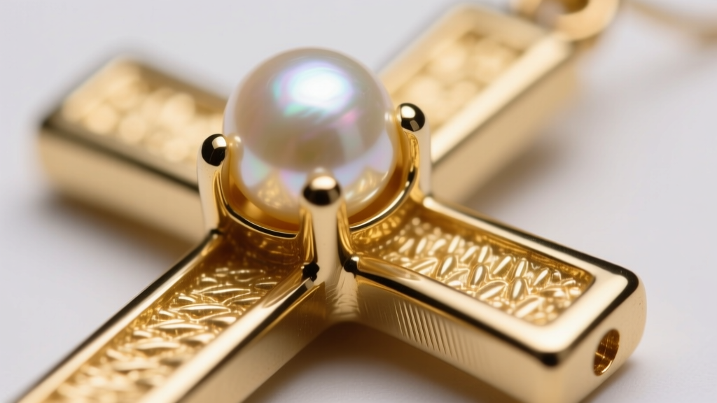Macro view of a pearl peg mount in a gold cross earring setting, showing jeweler epoxy adhesive and a deeply scored metal post