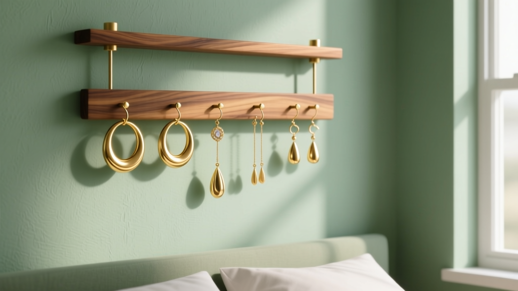 Walnut wall hanging earring holder displaying gold hoops and drop earrings against a sage green bedroom wall in soft morning light.