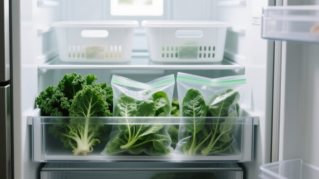 Open fridge crisper drawer revealing damp green vegetable storage bags holding leafy greens next to standard plastic bins