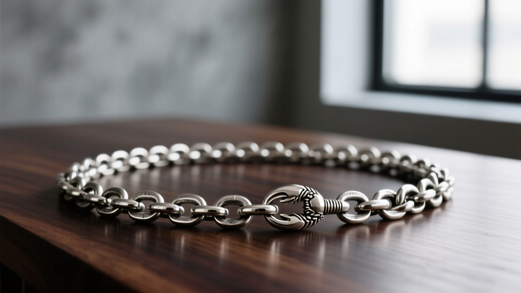3.5mm oxidized sterling silver Cuban link chain with a 15mm lobster clasp, draped over dark wood to emphasize link thickness.