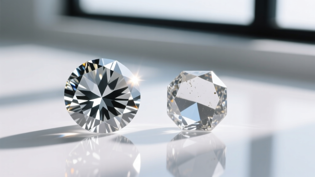 Macro photo comparing the crisp facet edges of a diamond and slightly abraded edges of a cubic zirconia stone under bright light.
