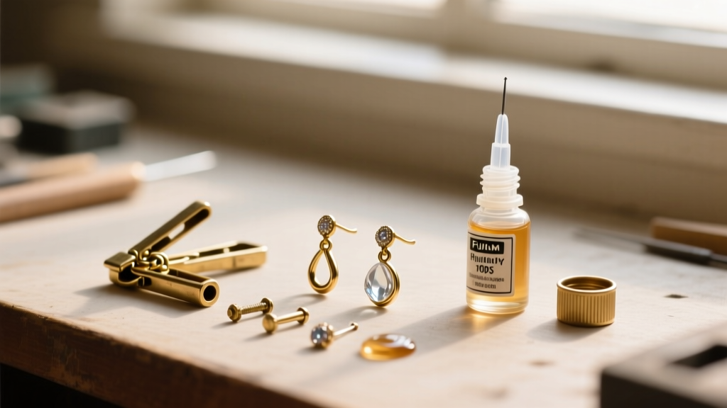 Workbench showing a disassembled vintage clip-on earring, brass findings, and a micro-needle applicator bottle of jewelry adhesive